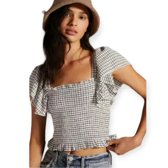 Anthropologie Maeve Gingham Plaid Smocked Ruffle Crop Blouse Flutter Sleeve XS - Picture 5 of 15